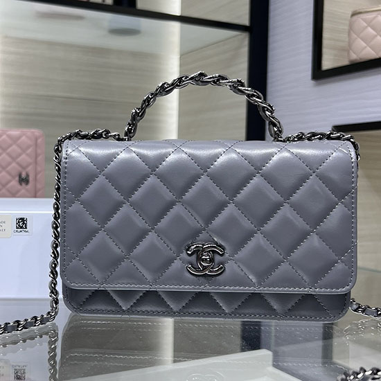 Chanel Shiny crumple calfskin Wallet on Chain Grey AP3645