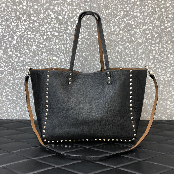 Valentino Rockstud Reversible Leather Tote Black and Brown V0077