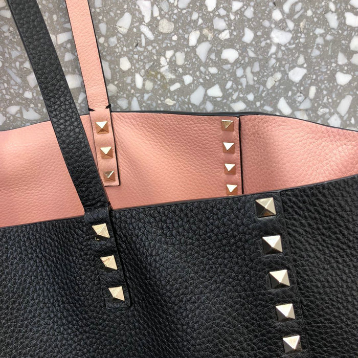 Valentino Rockstud Reversible Leather Tote Black and Pink V0077