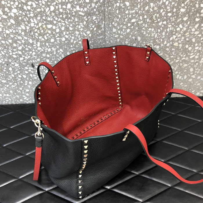 Valentino Rockstud Reversible Leather Tote Black and Red V0077