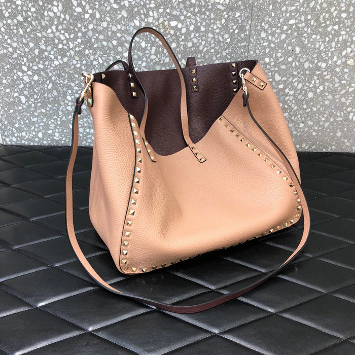 Valentino Rockstud Reversible Leather Tote Pink and Burgundy V0077