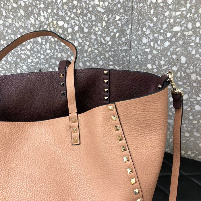 Valentino Rockstud Reversible Leather Tote Pink and Burgundy V0077