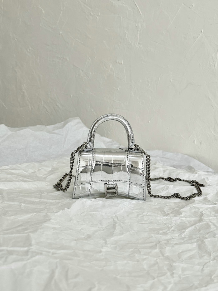 Balenciaga Hourglass Nano Top Handle Bag Silver B664676