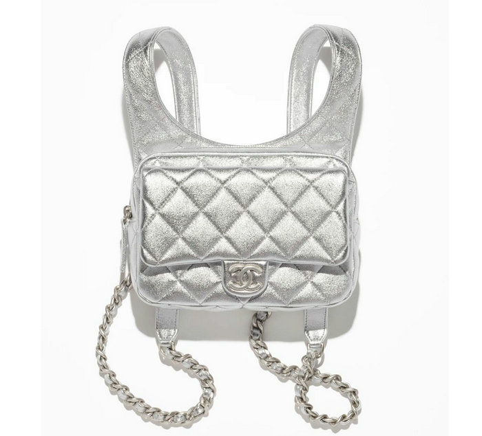 Chanel Lambskin Backpack Silver AS4621