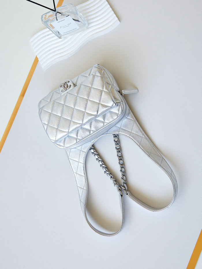 Chanel Lambskin Backpack Silver AS4621