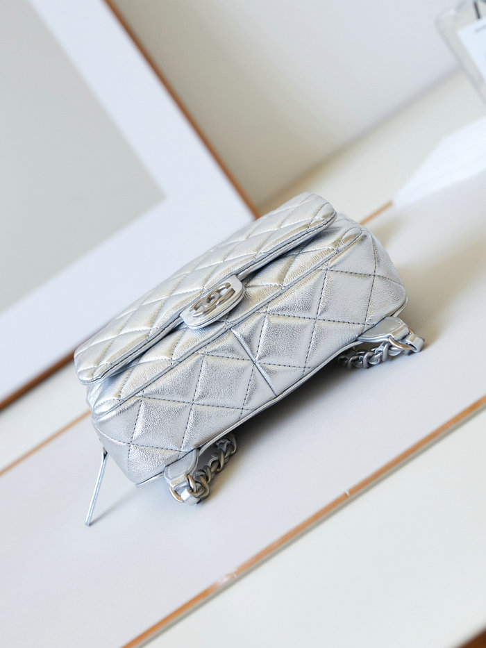 Chanel Lambskin Backpack Silver AS4621