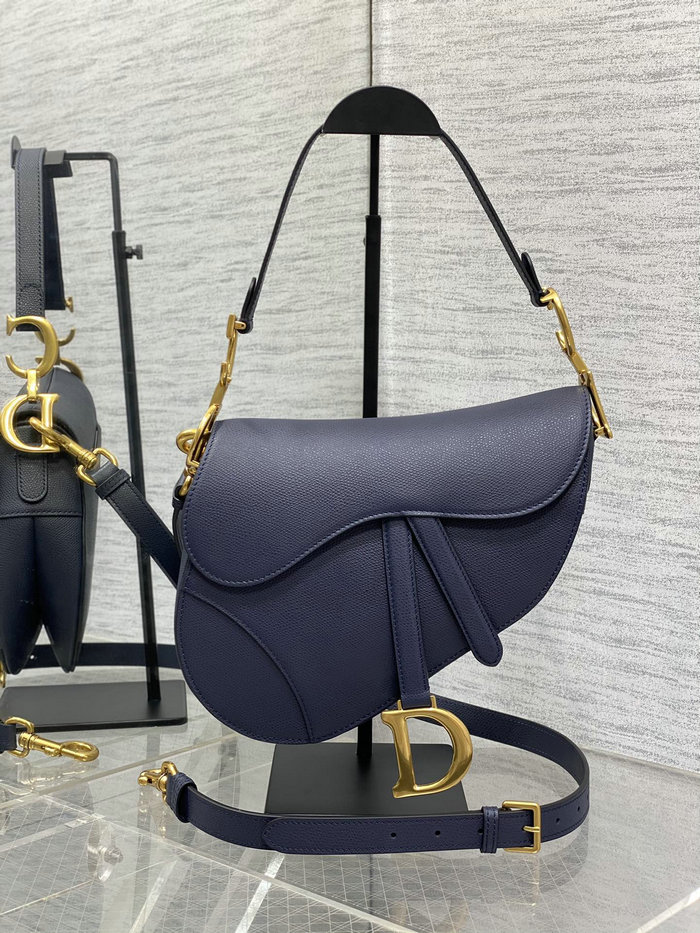 Dior Grained Calfskin Saddle Bag with Strap Navy Blue M0455