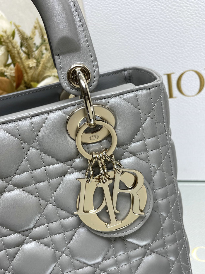 Medium Lady Dior Lambskin Bag Shiny Grey D2454