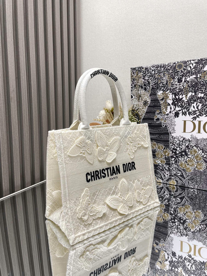 Small Dior Book Tote White Butterfly S1286