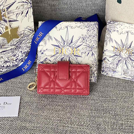 Lady Dior Lambskin Jasmine Card Holder Red S0074