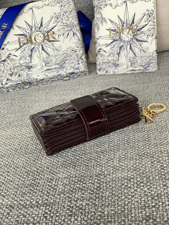 Lady Dior Patent Jasmine Card Holder Burgundy S0074