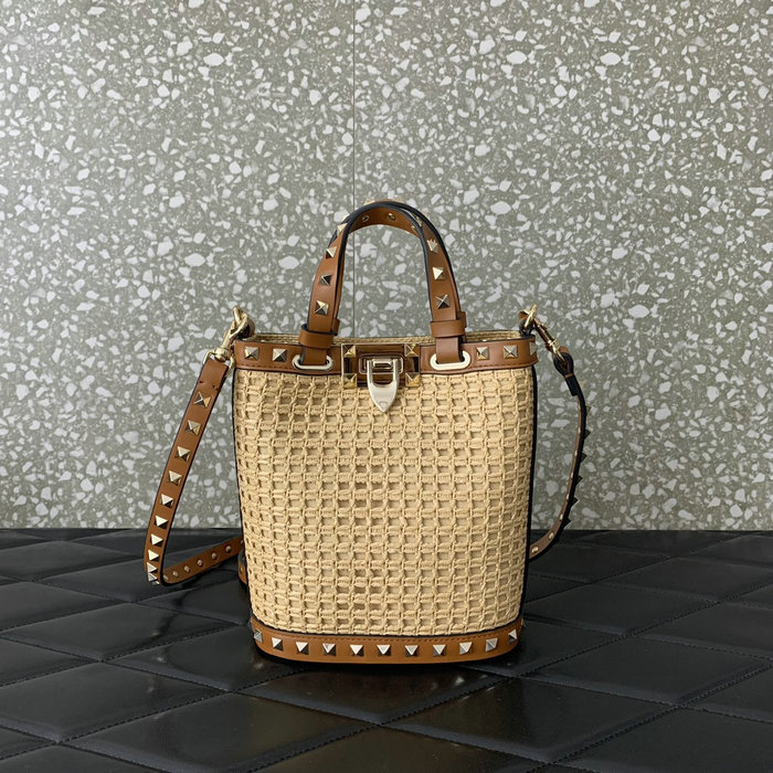 Valentino Mini Rockstud Raffia Shoulder Bag V0314