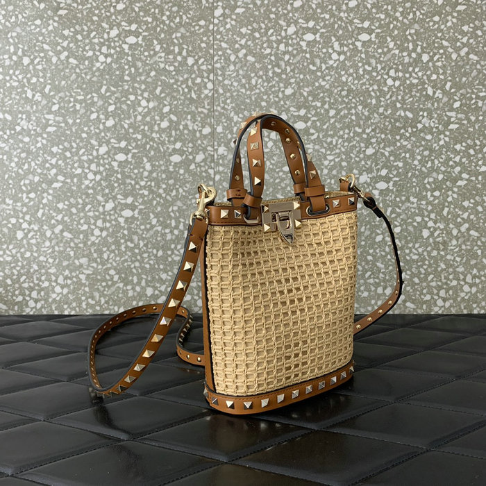 Valentino Mini Rockstud Raffia Shoulder Bag V0314