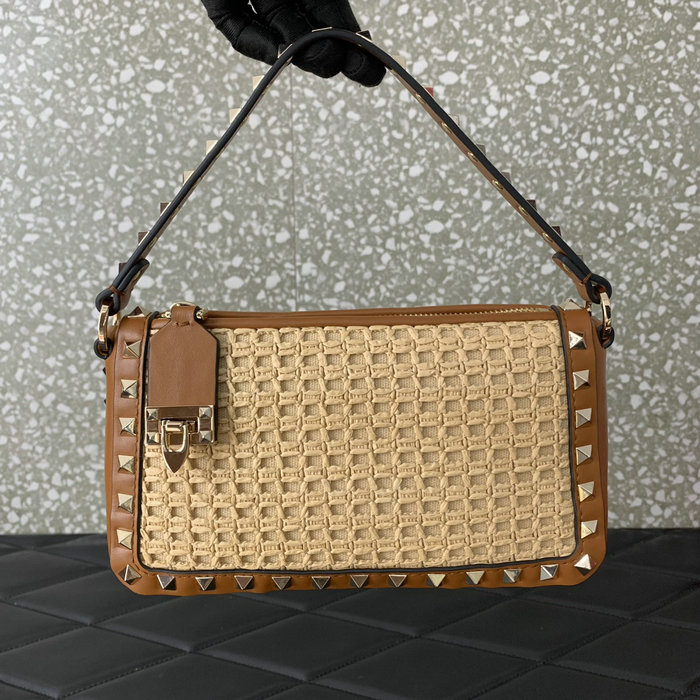 Valentino Smnall Rockstud Raffia Shoulder Bag V03111