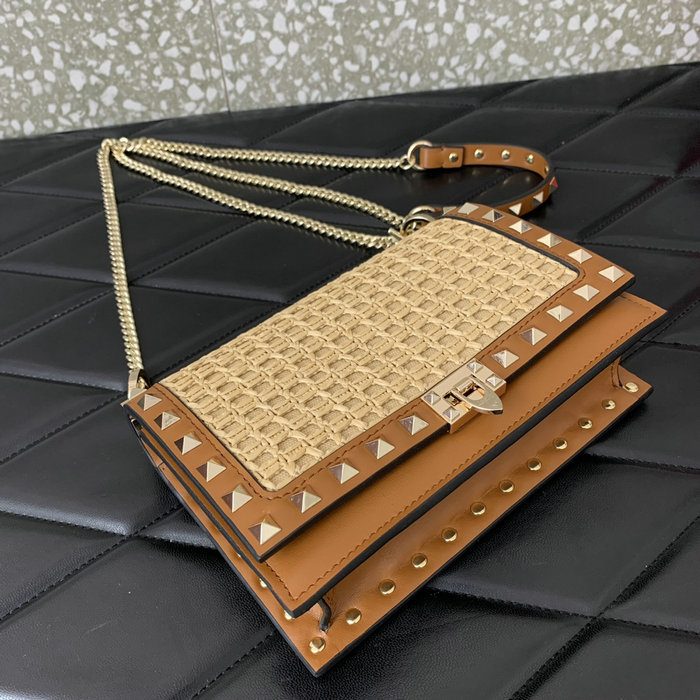 Valentino Smnall Rockstud Raffia Shoulder Bag V0571