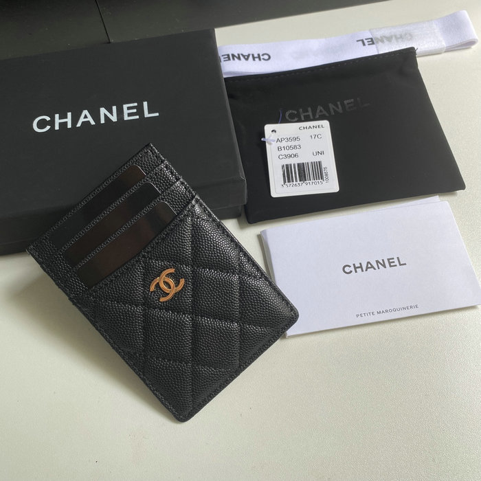 Chanel Grain Calfskin Card Holder Black with Gold AP3595