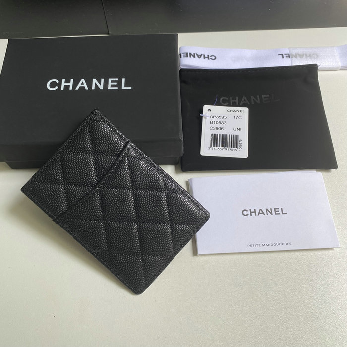 Chanel Grain Calfskin Card Holder Black with Gold AP3595