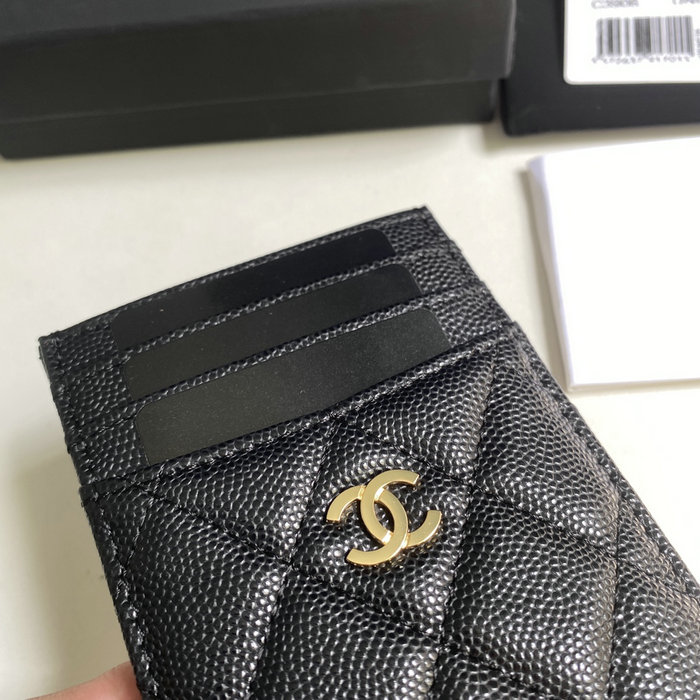 Chanel Grain Calfskin Card Holder Black with Gold AP3595