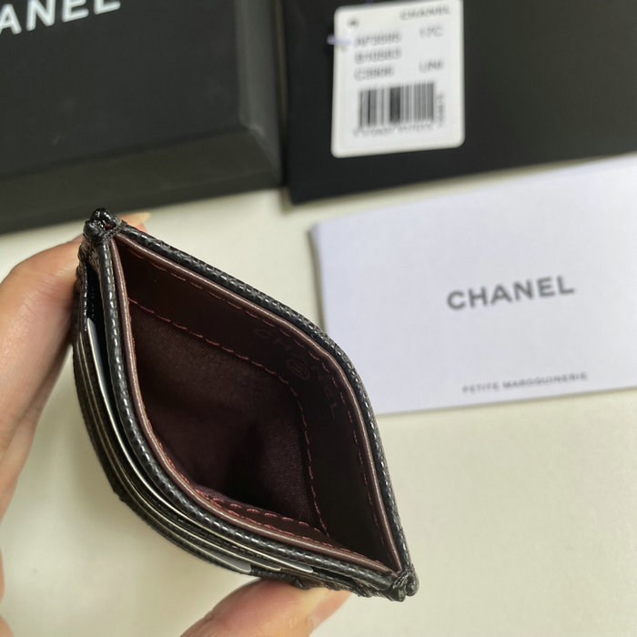 Chanel Grain Calfskin Card Holder Black with Gold AP3595