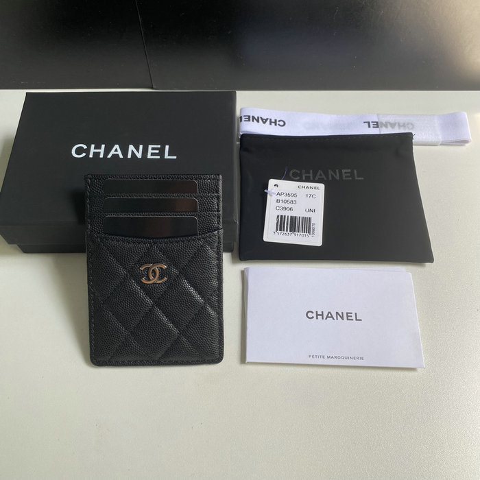 Chanel Grain Calfskin Card Holder Black with Silver AP3595