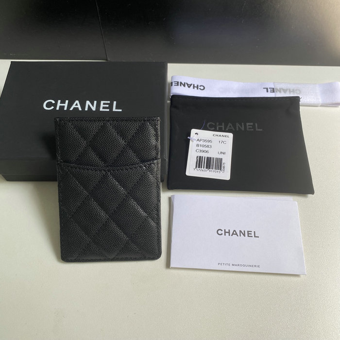 Chanel Grain Calfskin Card Holder Black with Silver AP3595