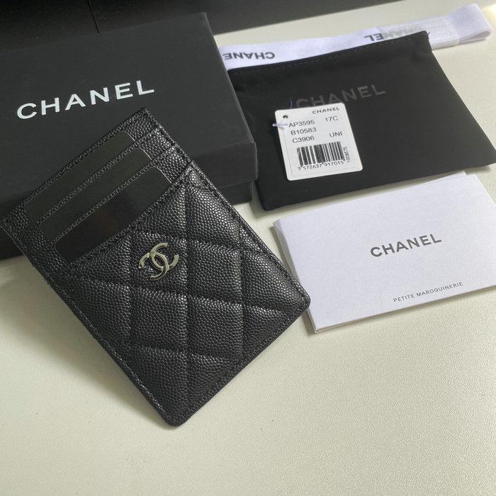 Chanel Grain Calfskin Card Holder Black with Silver AP3595