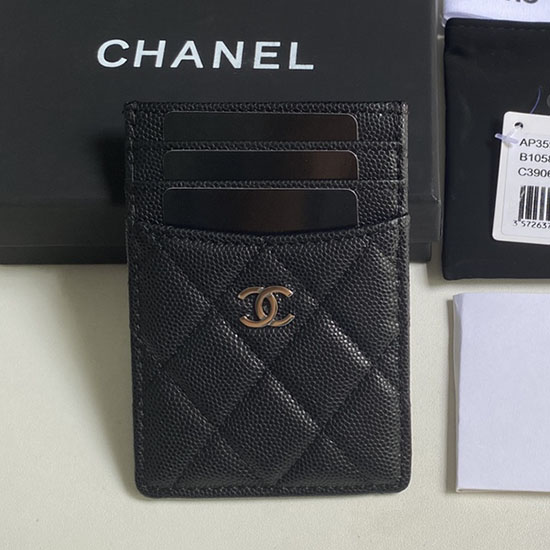 Chanel Grain Calfskin Card Holder Black with Silver AP3595