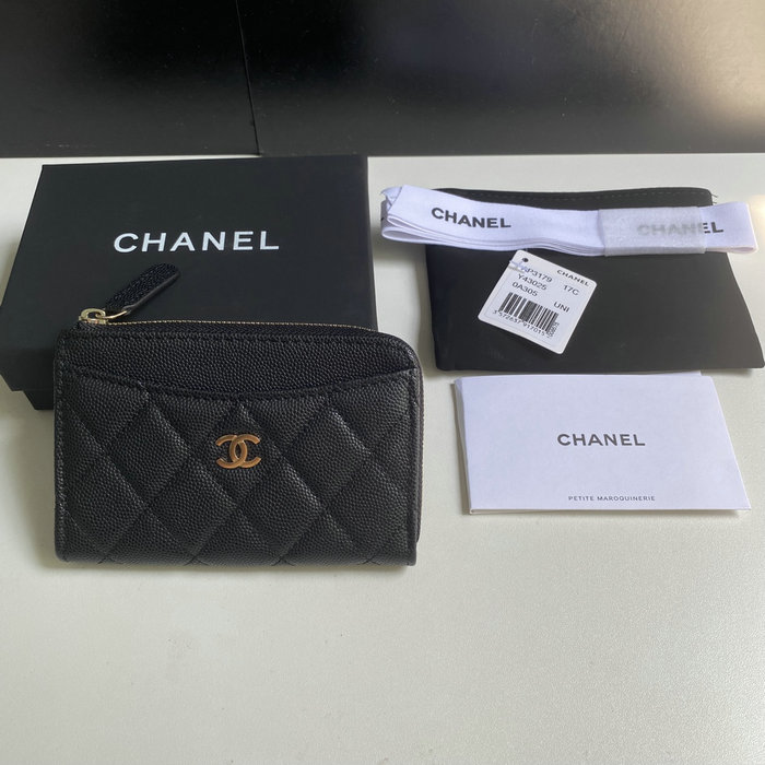 Chanel Grain Calfskin Zip Card Holder AP3179 Black with Gold