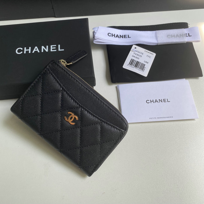 Chanel Grain Calfskin Zip Card Holder AP3179 Black with Gold