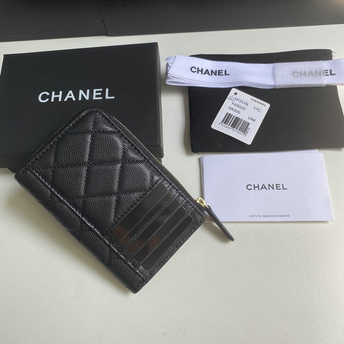 Chanel Grain Calfskin Zip Card Holder AP3179 Black with Gold