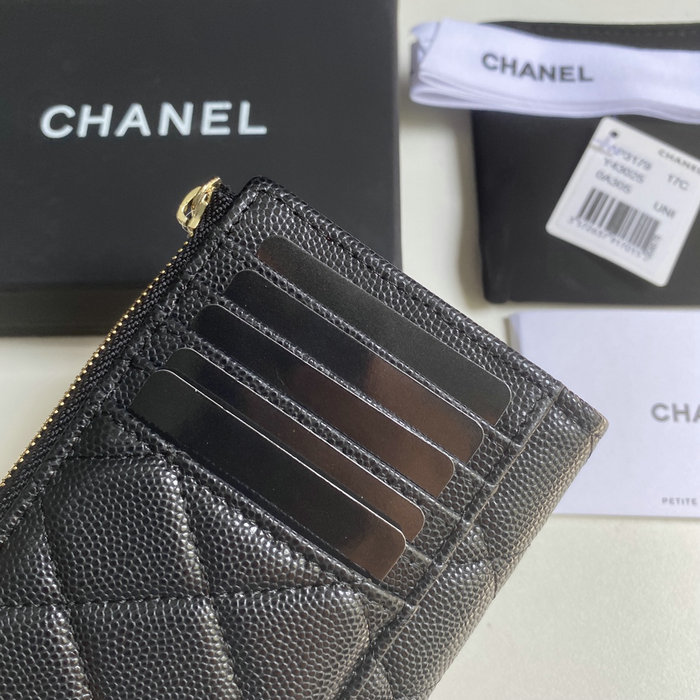 Chanel Grain Calfskin Zip Card Holder AP3179 Black with Gold