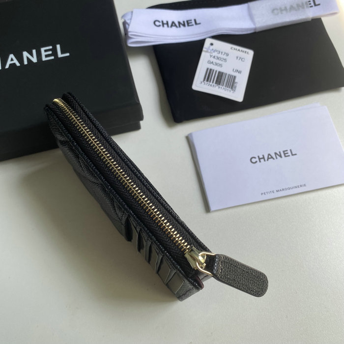 Chanel Grain Calfskin Zip Card Holder AP3179 Black with Gold