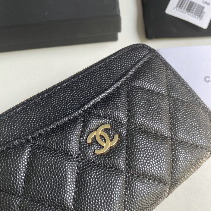 Chanel Grain Calfskin Zip Card Holder AP3179 Black with Gold