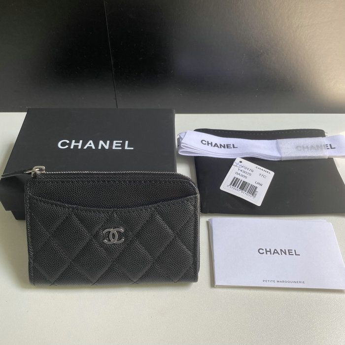 Chanel Grain Calfskin Zip Card Holder AP3179 Black with Silver