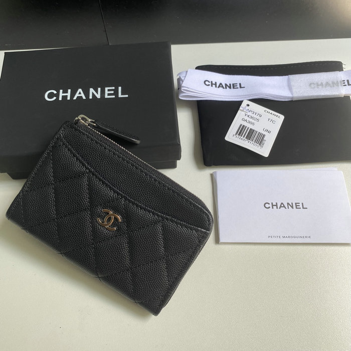 Chanel Grain Calfskin Zip Card Holder AP3179 Black with Silver