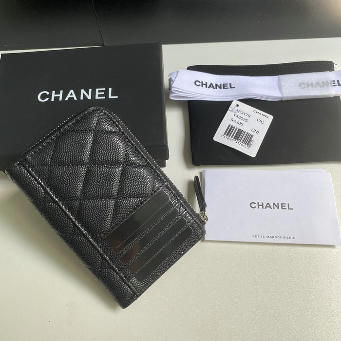 Chanel Grain Calfskin Zip Card Holder AP3179 Black with Silver