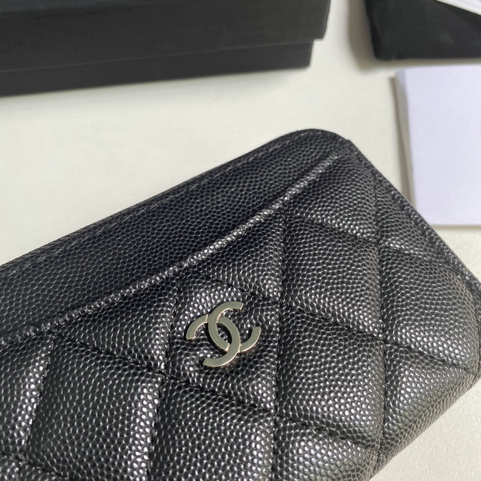 Chanel Grain Calfskin Zip Card Holder AP3179 Black with Silver