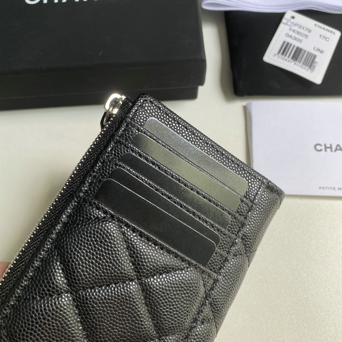 Chanel Grain Calfskin Zip Card Holder AP3179 Black with Silver