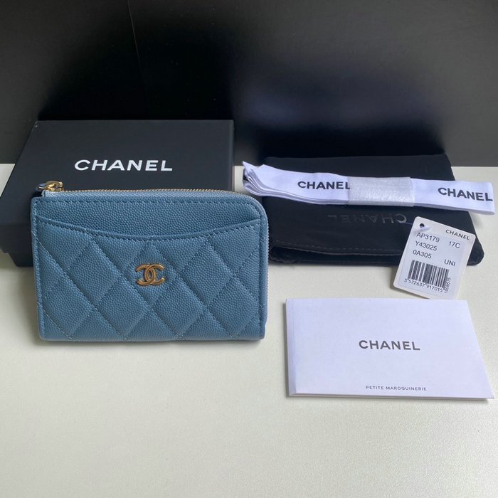 Chanel Grain Calfskin Zip Card Holder AP3179 Blue