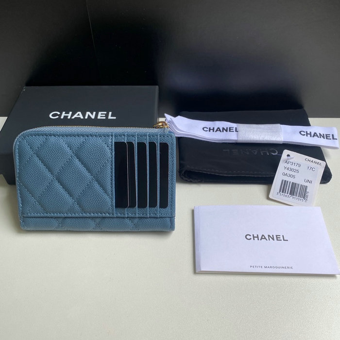 Chanel Grain Calfskin Zip Card Holder AP3179 Blue