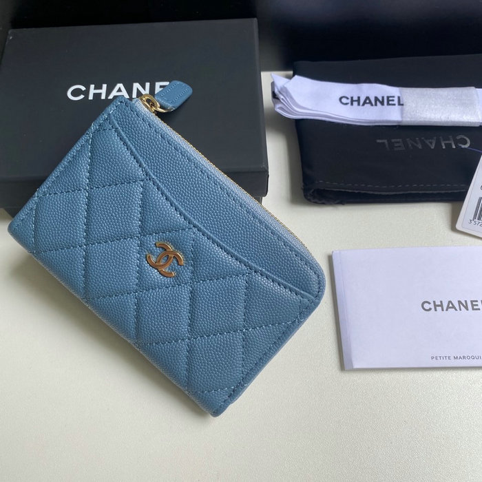 Chanel Grain Calfskin Zip Card Holder AP3179 Blue