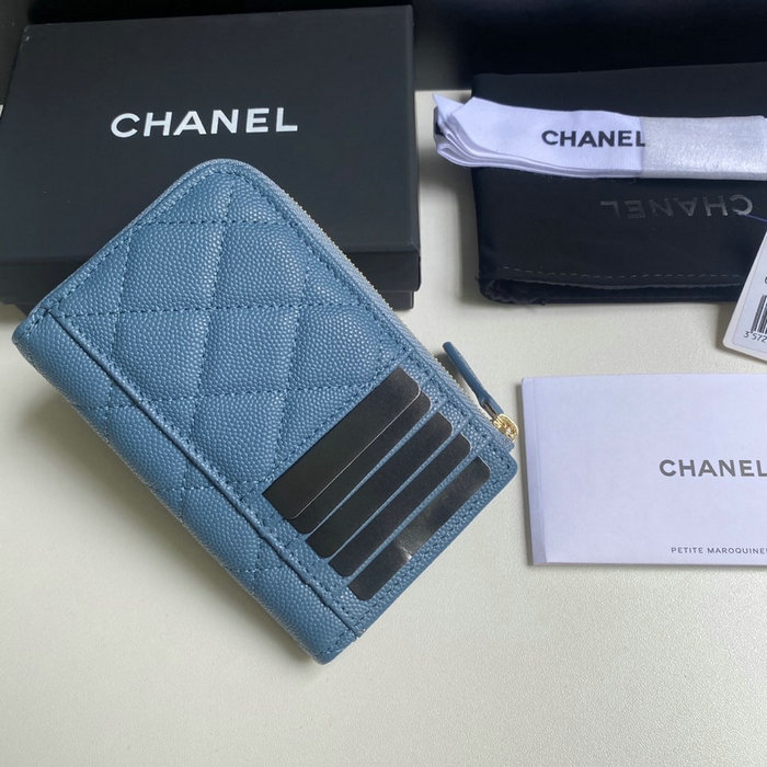 Chanel Grain Calfskin Zip Card Holder AP3179 Blue