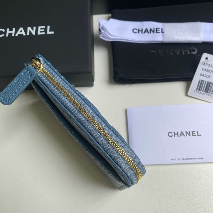 Chanel Grain Calfskin Zip Card Holder AP3179 Blue