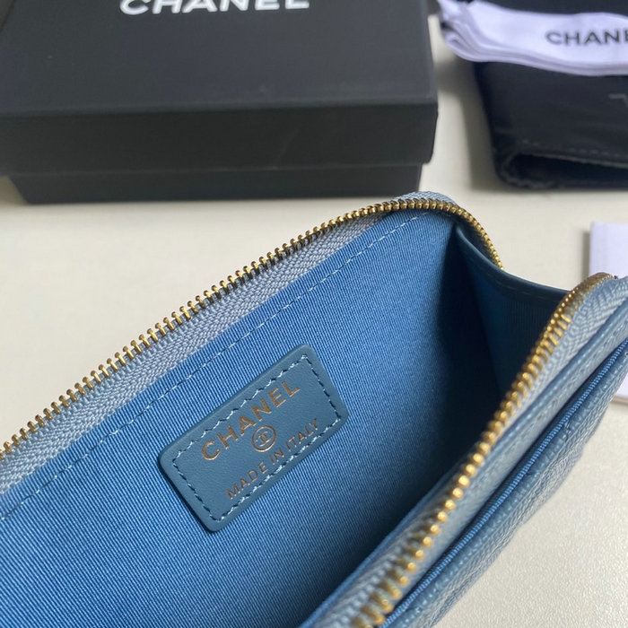 Chanel Grain Calfskin Zip Card Holder AP3179 Blue