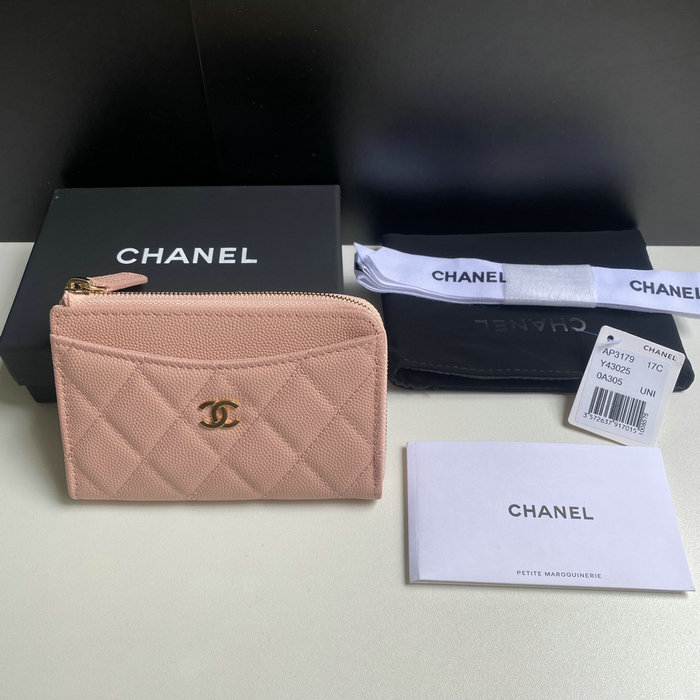 Chanel Grain Calfskin Zip Card Holder AP3179 Pink