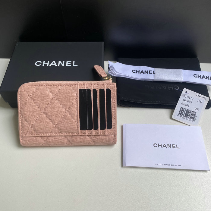 Chanel Grain Calfskin Zip Card Holder AP3179 Pink