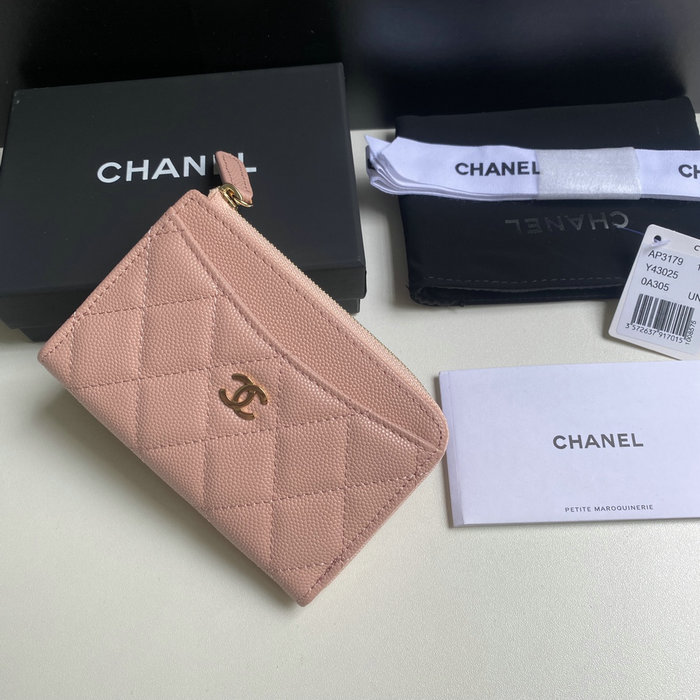 Chanel Grain Calfskin Zip Card Holder AP3179 Pink