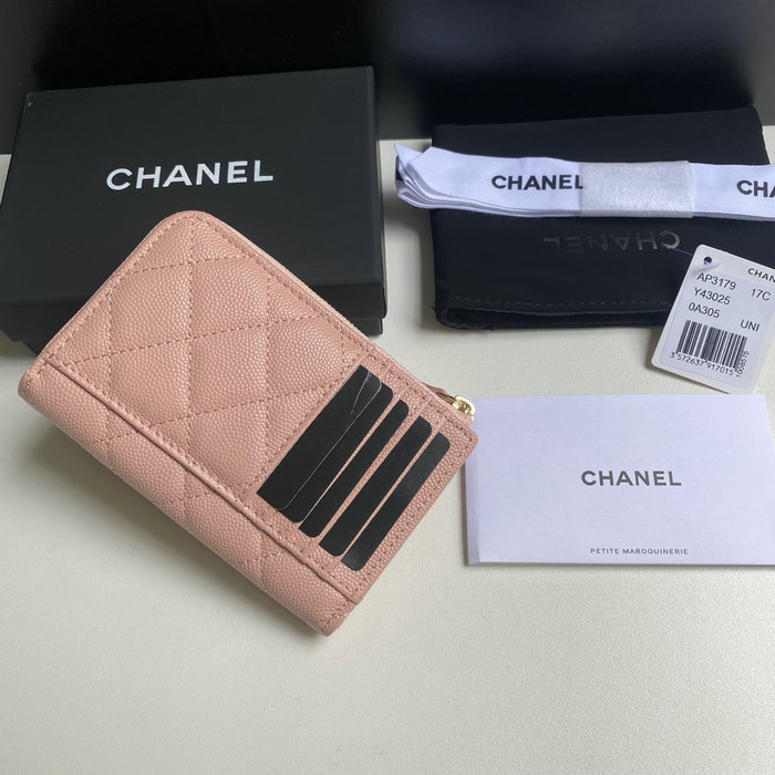 Chanel Grain Calfskin Zip Card Holder AP3179 Pink