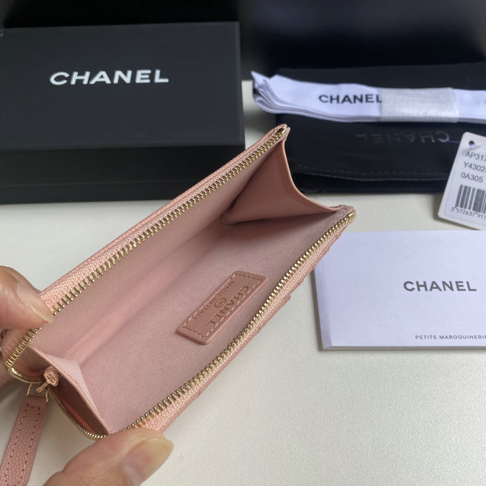 Chanel Grain Calfskin Zip Card Holder AP3179 Pink