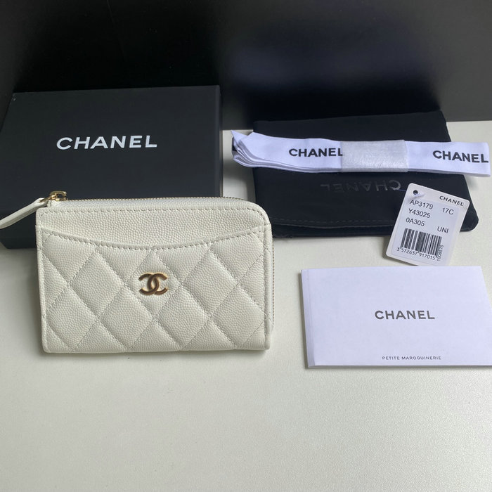 Chanel Grain Calfskin Zip Card Holder AP3179 White